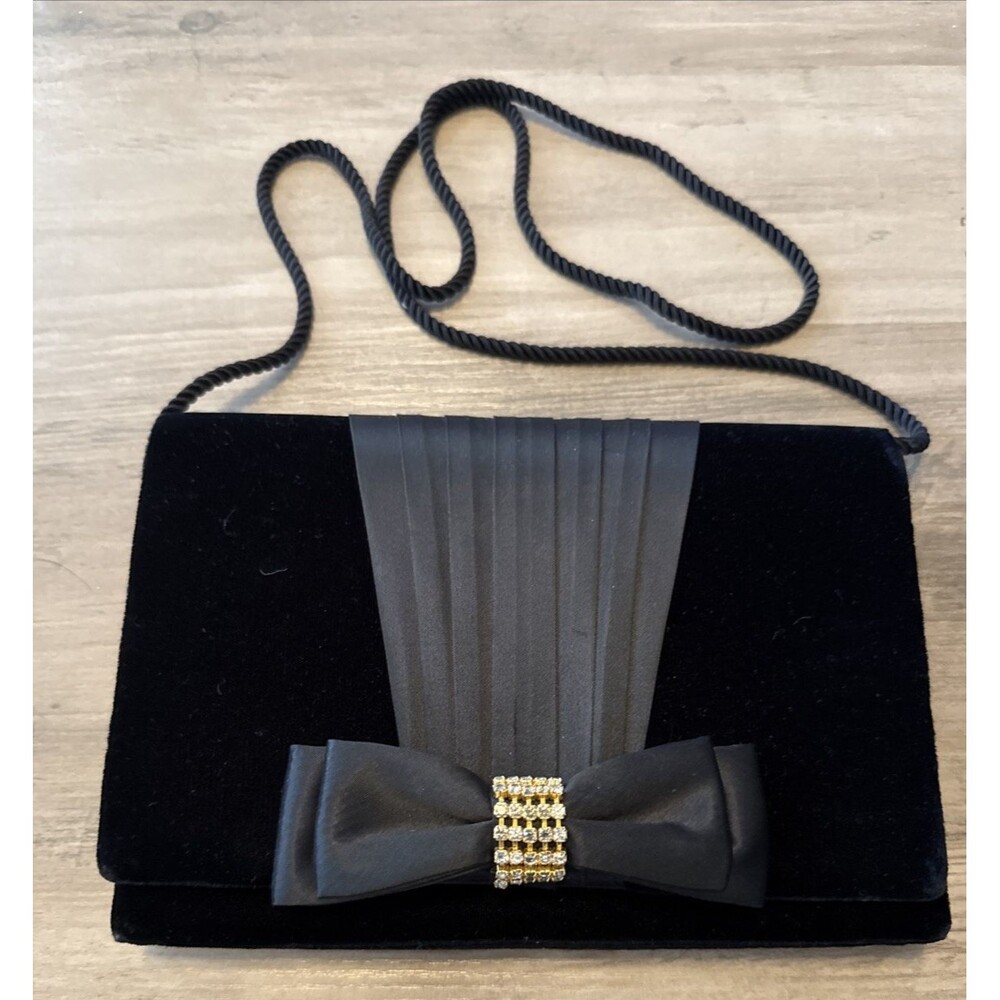 Black Velvet Evening Clutch Bag Satin Bow Gold Rhinestone Formal Shoulder Bag